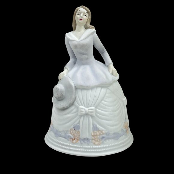 Victorian Ceramic Dinner Bell Woman Figurine Hat Bow Dress Floral Cabinet Piece - Picture 10 of 10